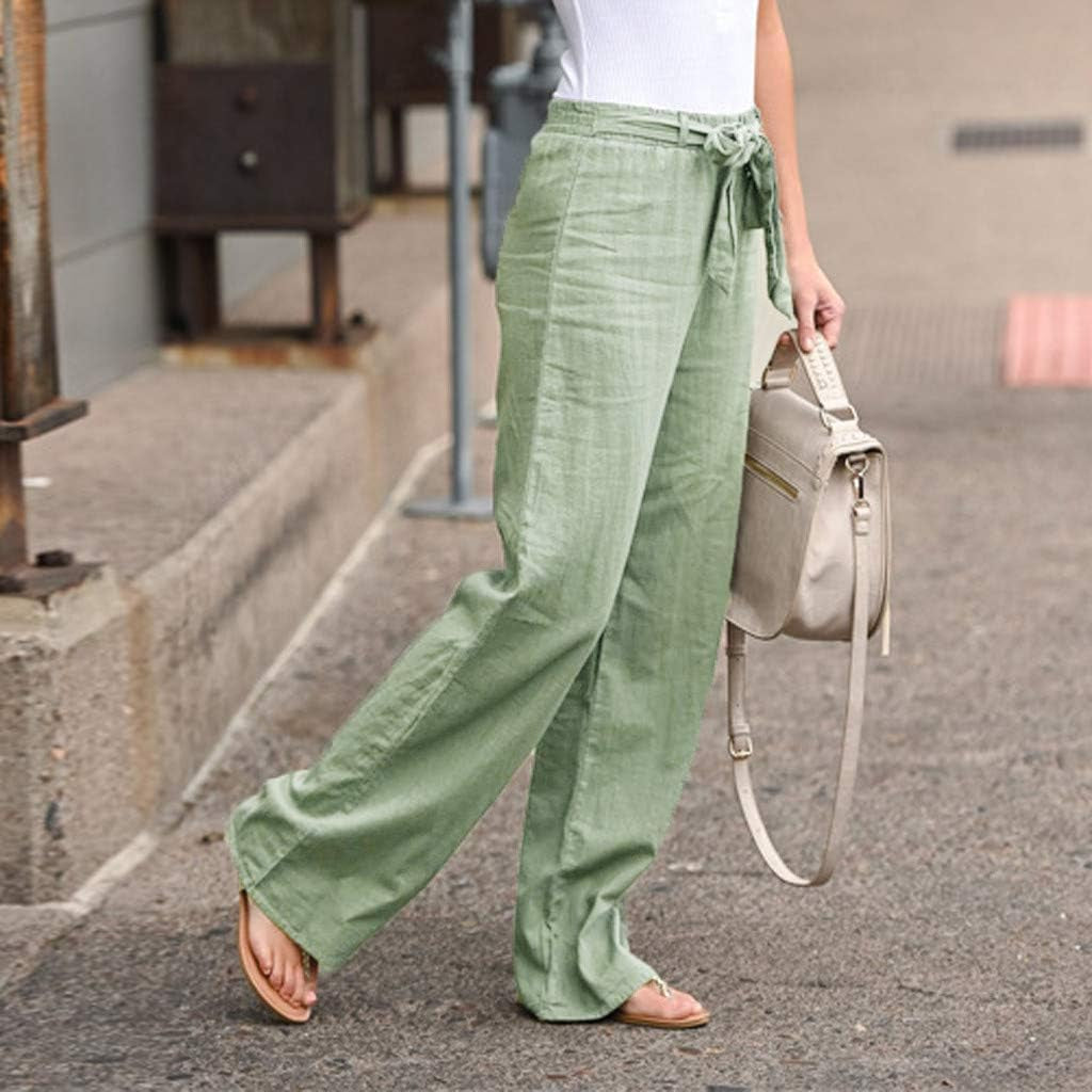 Wide Leg Pants for Women Cotton Linen Bandage Elastic Waist Sweatpants Relax Fit Trousers (Green, S)