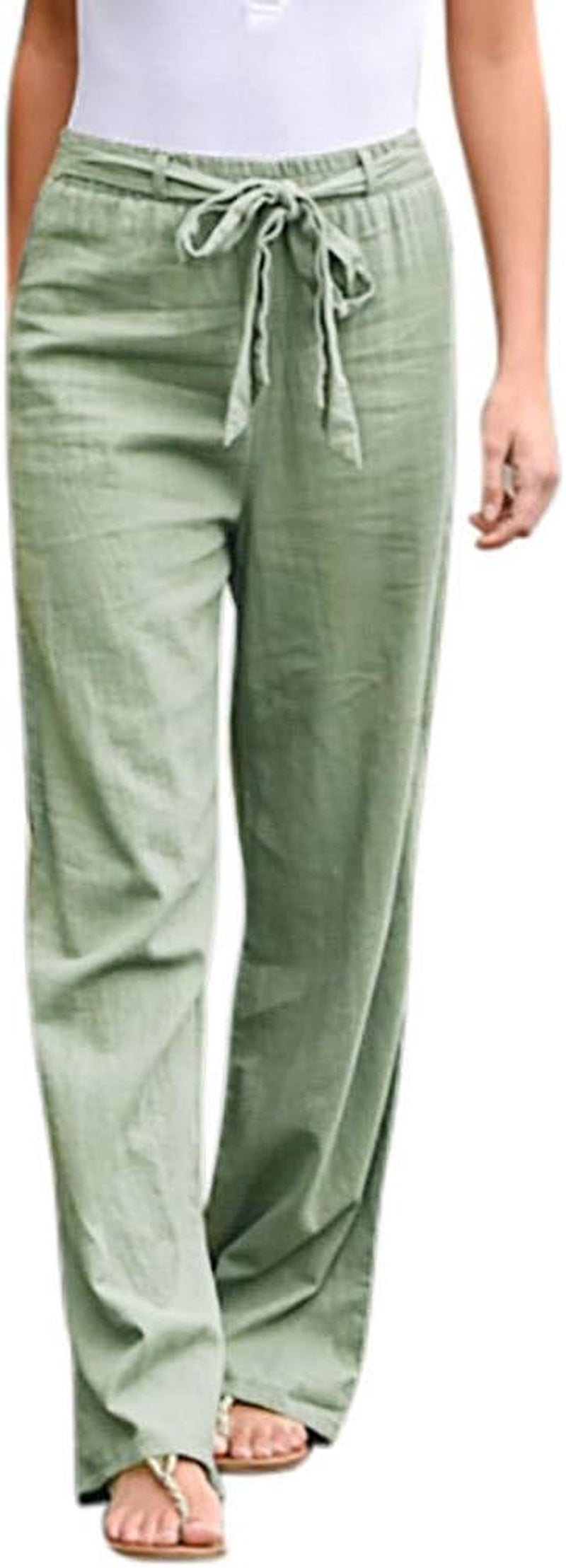 Wide Leg Pants for Women Cotton Linen Bandage Elastic Waist Sweatpants Relax Fit Trousers (Green, S)