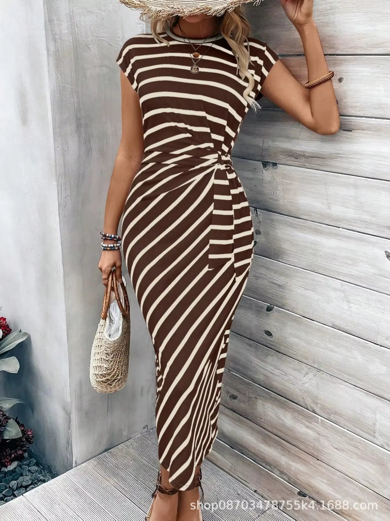Women'S Dress, Elegant Dress, Striped round Neck Short-Sleeved Long Dress, Summer Women'S High-End Women'S Dress