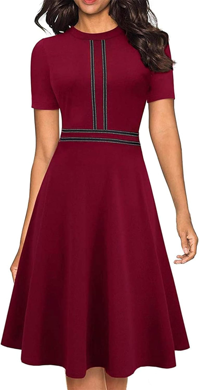 Women'S Vintage Chic Crew Neck Short Sleeve Party Summer Wedding Guest Dress Swing Work Dress