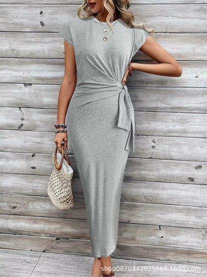 Women'S Dress, Elegant Dress, Striped round Neck Short-Sleeved Long Dress, Summer Women'S High-End Women'S Dress