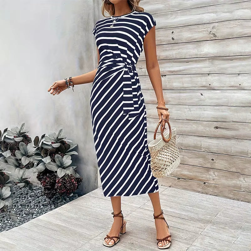Women'S Dress, Elegant Dress, Striped round Neck Short-Sleeved Long Dress, Summer Women'S High-End Women'S Dress