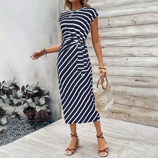 Women'S Dress, Elegant Dress, Striped round Neck Short-Sleeved Long Dress, Summer Women'S High-End Women'S Dress