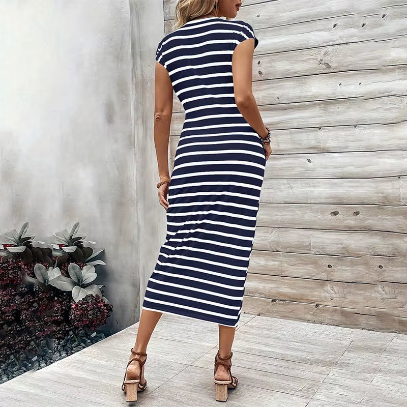Women'S Dress, Elegant Dress, Striped round Neck Short-Sleeved Long Dress, Summer Women'S High-End Women'S Dress