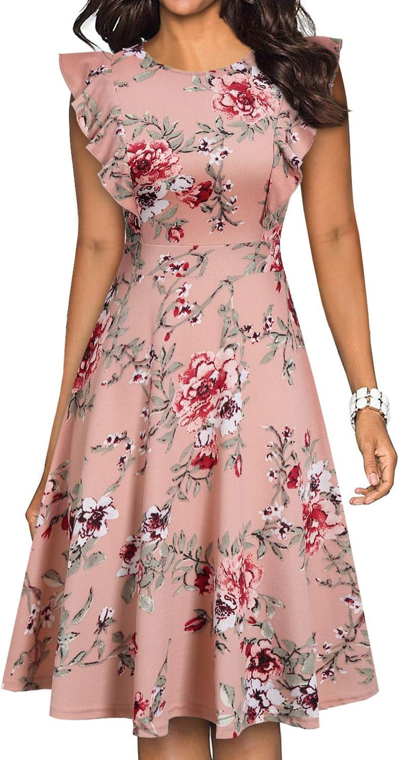 Women'S Vintage Ruffle Floral Flared a Line Swing Casual Cocktail Party Dresses