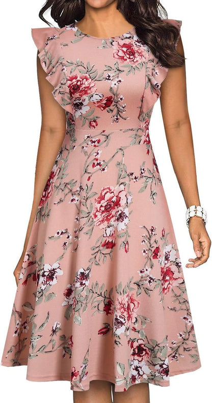 Women'S Vintage Ruffle Floral Flared a Line Swing Casual Cocktail Party Dresses