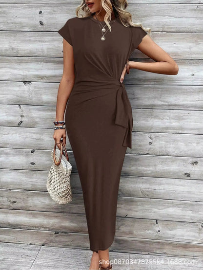 Women'S Dress, Elegant Dress, Striped round Neck Short-Sleeved Long Dress, Summer Women'S High-End Women'S Dress