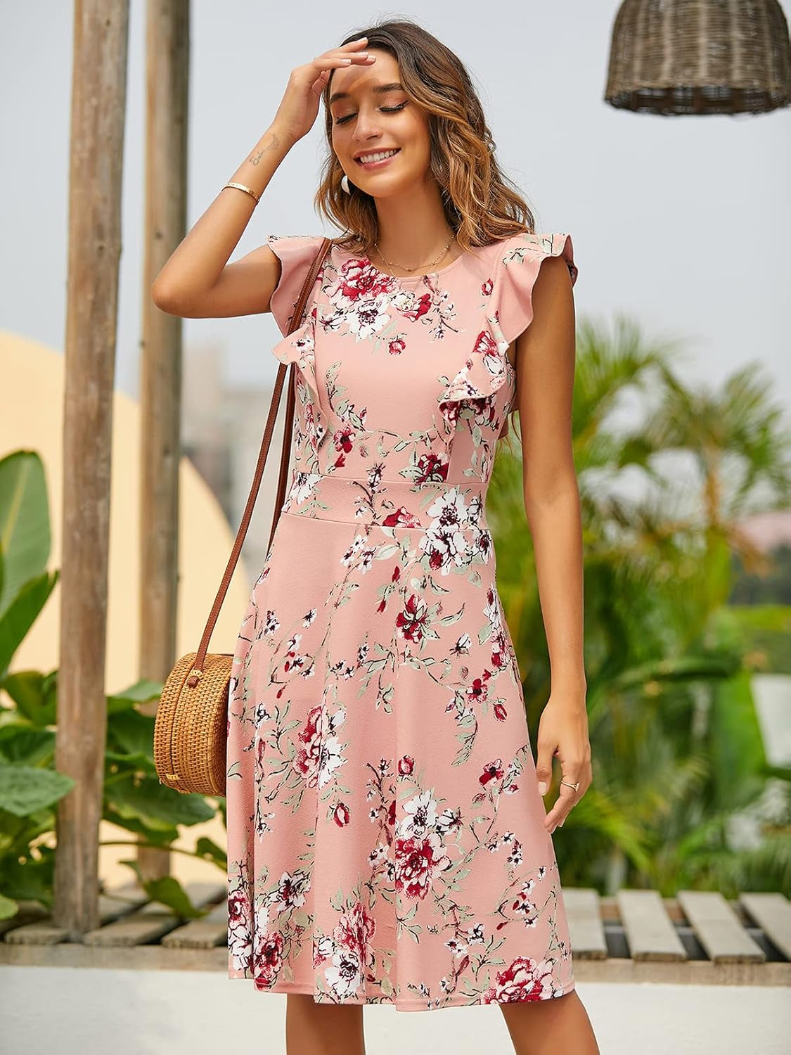 Women'S Vintage Ruffle Floral Flared a Line Swing Casual Cocktail Party Dresses