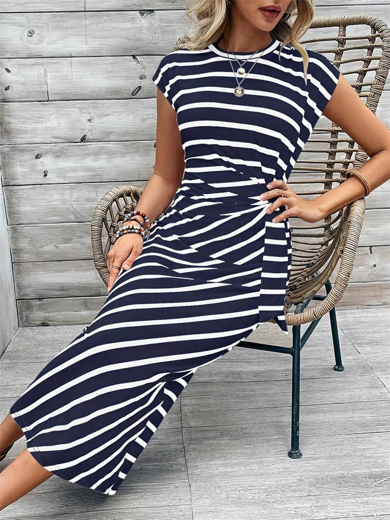 Women'S Dress, Elegant Dress, Striped round Neck Short-Sleeved Long Dress, Summer Women'S High-End Women'S Dress
